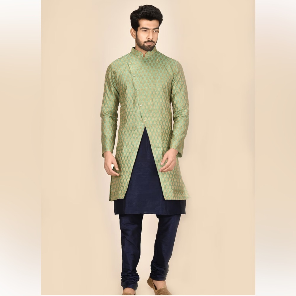 Blue Jacquard Silk Sherwani Set For Men by ARYAVIR MALHOTRA